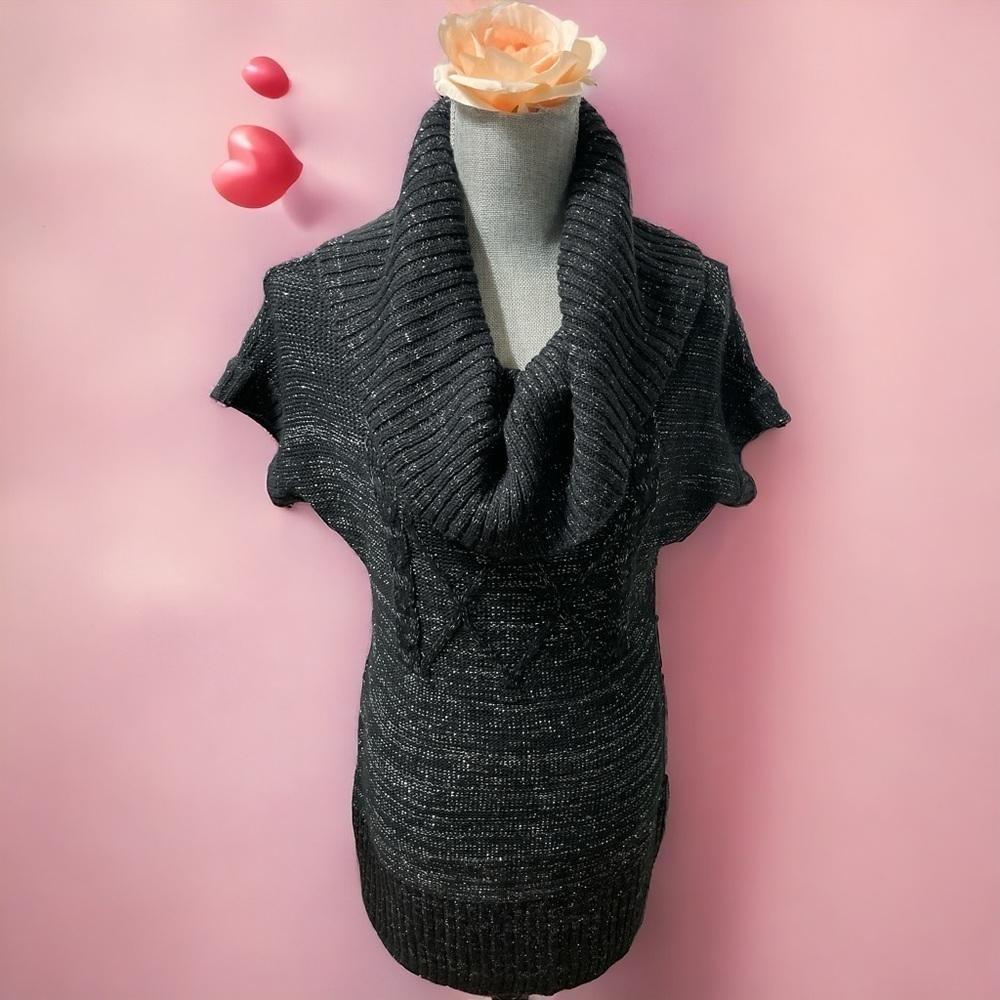 I.e.i. Shimmer of Silver on VTG Black Cowel Neck S/Sleeve Sweater Dress Size M